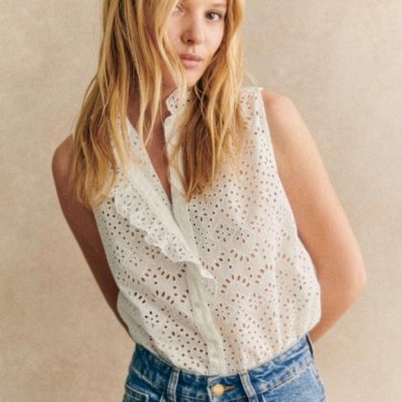 Sezane Womens Chemise Celinda Blouse Ecru White S/36 Embroidered Button Down - Picture 2 of 11